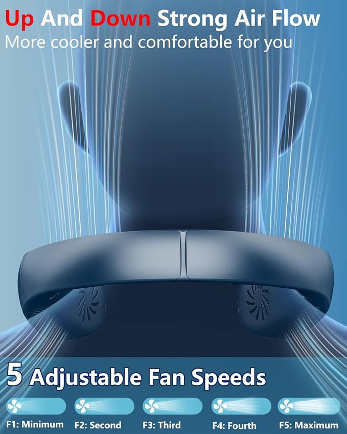 Personal Neck Fans Mister with Water Spray, 4000mAh 4-9H Lasting, Mini Foldable Leafless AC for Neck Face Shoulder, LED Cordless Hanging Wearable Headphone Fan for Kid Adult Worker Hot Weather, Blue