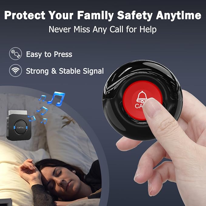CallToU Caregiver Pager Wireless Call Button for Elderly at Home, Call Bell Alert System for Seniors and Patients, 1 Plug-in Receiver and 1 Waterproof SOS Button, No WiFi or Monthly Fee