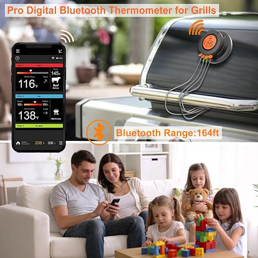 Bluetooth Digital Grill Thermometer, Smart Smoker Thermometer with 2 Meat Probes, Real Time Monitoring BBQ Meat Thermometer for Kamado Joe Grills Smoker Big Green Egg