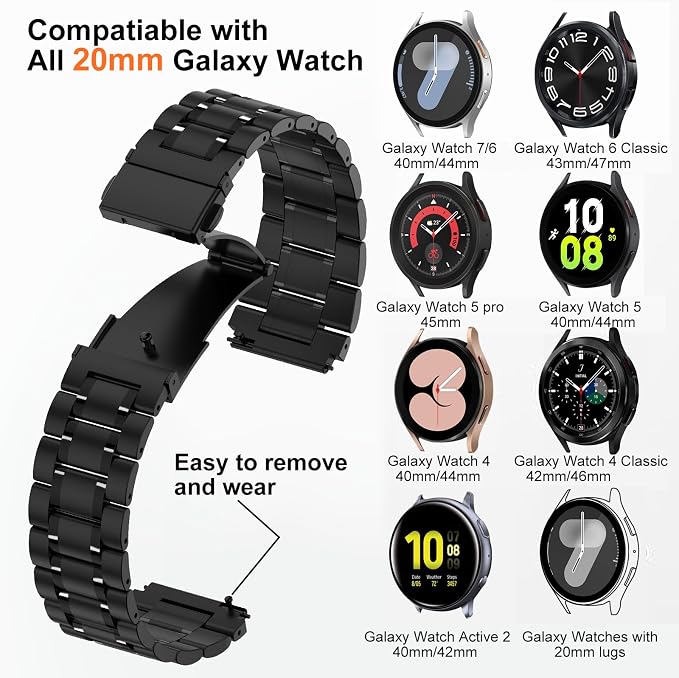 SUPLINK Compatible with Samsung Galaxy Watch 7 6 5 4 Band 44mm 40mm/5 Pro 45mm/Galaxy Watch 6 4 Classic Bands 43mm 47mm 46mm 42mm/Active Women,20mm Stainless Steel Metal Replacement Strap Black