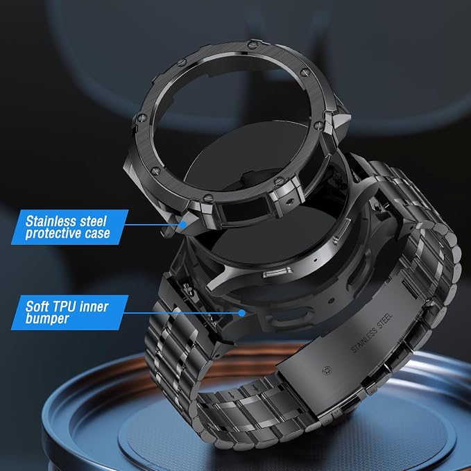BAITEYOU Stainless Steel Bands with Case Compatible with Samsung Galaxy Watch 7 44mm, Rugged Protective Case Cover and Metal Band for Samsung Galaxy Watch 7 44mm for Men (Grey)