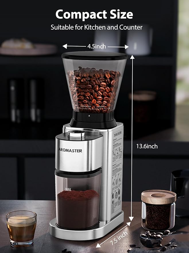 Aromaster Conical Coffee Bean Grinder with 48 Gind Settings,Burr Coffee Grinder for Home Use,Stainless Steel,40 Seconds Adjustable Timer,Anti-static,Easy to Clean with Brush,Classic Silver