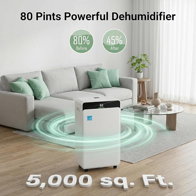 2026 Upgraded ENERGY STAR Dehumidifier, 80 Pint/Day, 5000 Sq.Ft for Whole Home & Basement, 1.72 Gal Tank, 35dB Quiet, Child Lock, Sleep/Fan/Dry Modes, 24H Timer & Auto Continuous Drain | 5000 Sq.Ft dehumidification area.1.72 Gal Tank, 35dB Quiet,Child ...