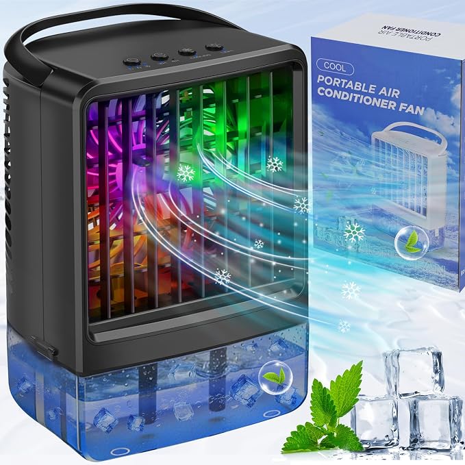 Portable Air Conditioners Cooling Fan,800ML Mini AC with Cool Mist, Small Portable Air Cooler with Handle,3 Speeds, 2/4H Timer, 7 Color LED Light, Quiet Desk Fan for Bedroom Home Office Room Outdoor