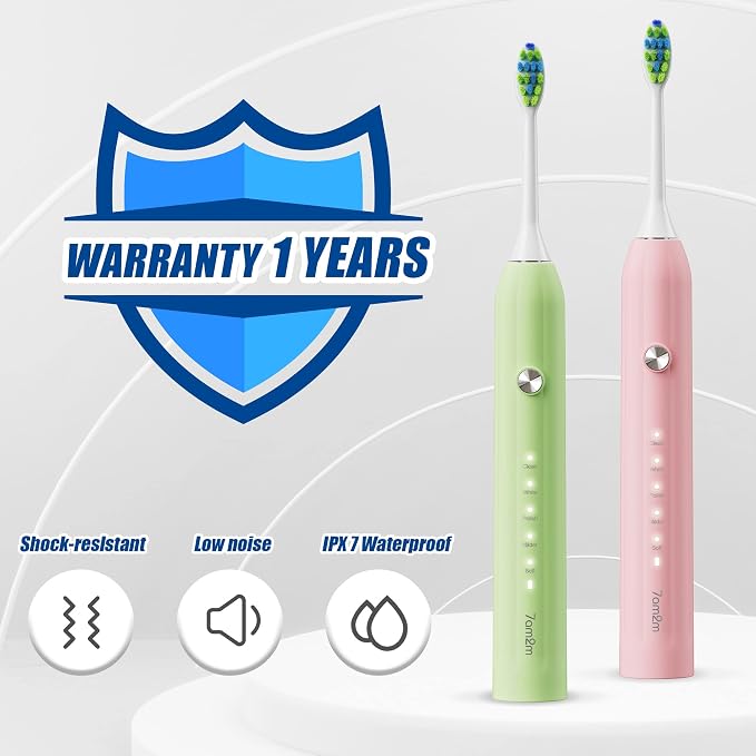 7AM2M Rechargeable Sonic Electric Toothbrush 2 Pack, Soft Toothbrushes for Adults and Kids with 12 Brush Heads, IPX7 One Charge Use for 90 Days, 5 Modes with 2 Minutes Build in Smart Timer