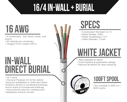 Voltive 16/4 Speaker Wire, in-Wall CL3 & Direct Burial, White, 100ft - 16AWG, 4 Conductors, Stranded Oxygen-Free Copper, UL Listed - V-1211-2