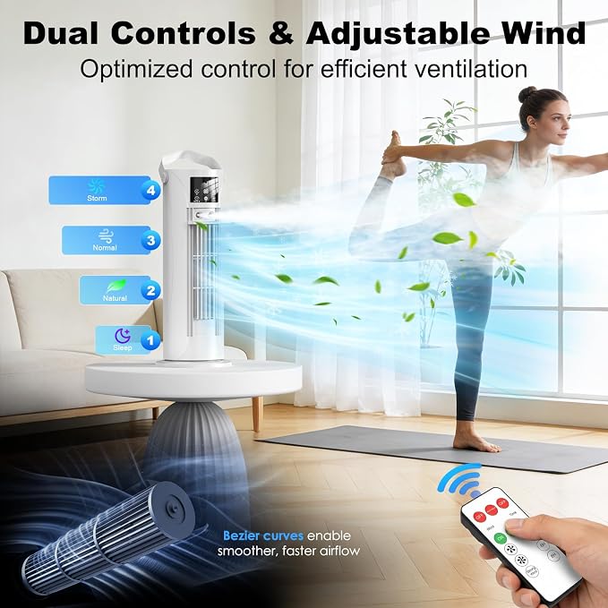 Portable Air Conditioners, 120 °rotating tower fan, portable AC for 3 wind speeds,Storm mode, 8H timing, Evaporative Air Cooler with remote control,750ML water tank, spray,cooling fan for home - white