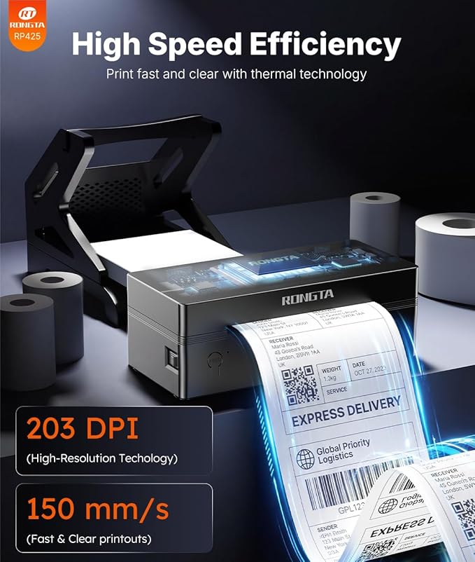 Rongta Bluetooth Shipping Label Printer, Wireless 4x6 Thermal Label Printer for Shipping Packages, Support Android, iPhone, Widely Used for Amazon, Shopify, Etsy, UPS, Black