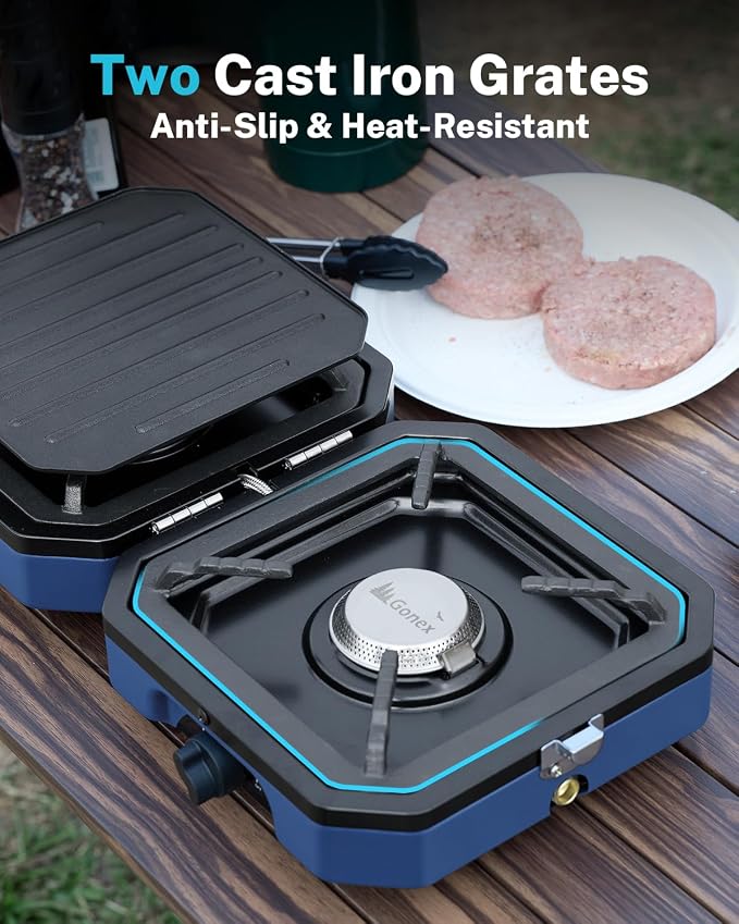Gonex Camping Stove with 2 Burner Griddle & Grates, Portable Foldable Cooking Stove with Total 16,000 BTU, Two Piezo Ignition Adjustable Burners for Camping (Blue)