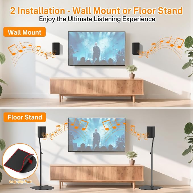 Speaker Stand Pair WR Wall Mounts, Rear Speaker Stands Height Adjust 33" to 42" for Samsung, Vizio, Nakamichi, LG, Roku and More, Surround Sound Speaker Stands WR Keyhole & 1/4"-20, M5, M6 Thread Hole