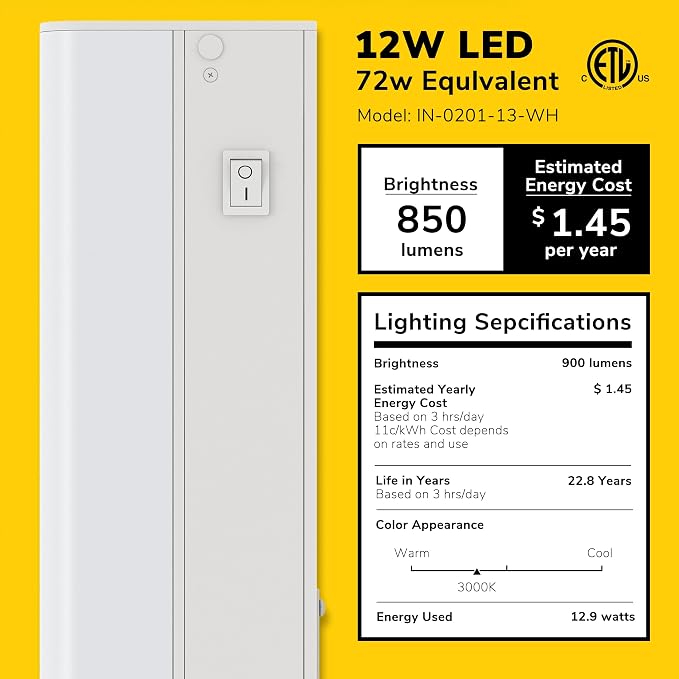 GETINLIGHT 24-inch Hardwired Only LED Under Cabinet Lighting, Soft White(3000K), Dimmable, Matte White Finished, ETL Listed, IN-0201-13-WH