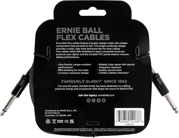 Ernie Ball Flex Instrument Cable Straight/Straight 20ft - Black (P06435)