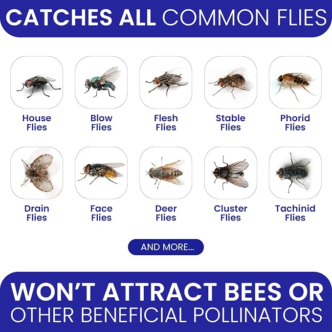 Fly Traps Outdoor Fly Trap for Patio. 12 Non-Toxic Pre-Baited Flies Bags Outdoor Disposable. Hanging Bug Catchers for All Filth Flies Killer for Outside Bug Control in Yard Horse Ranch Trash Can