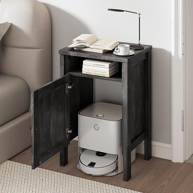 Giantex Robot Vacuum Storage Cabinet, Farmhouse End Table with Anti-Tipping Device, Anti-Slip Foot Pads, Nightstand, Space-Saving Sweeping Robot Stand for Small Space, Bedroom, Kitchen, Office (Gray)