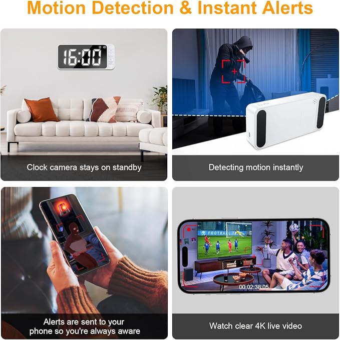 Magnetic Hidden Camera Clock - WiFi Wireless 4K HD Nanny Cam with Wide-Angle 150°, Clear Night Vision & Smart Motion Detection, Indoor Hidden Camera for Home Security, Office, Pet, App Remote Control