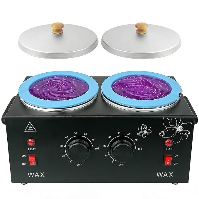 Wax Warmer for Hair Removal, Professional Waxing Heater Pot with Adjustable Temperature for Women Men, with 20 Wooden Wax Sticks (Black-Double Pots)