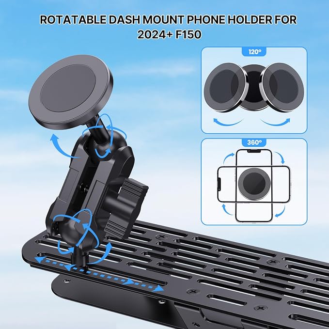 Stainless Steel Phone Mount for 2024+ Ford F150 Phone Holder with Magnetic Heads - All-Metal Shakeproof Dash Mount Install Super Stable - Ford F150 Phone Mount