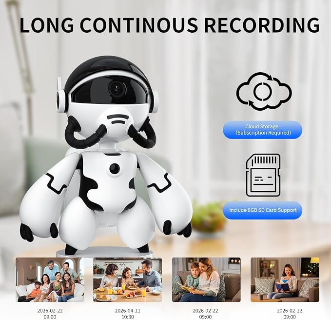 2K Hidden Camera Robot, 2.4G WiFi Security Indoor Robot Camera for Baby/Pet/Nanny, Long Battery Life, Two Way Audio, Night Vision, Battery Operated, PIR Motion Detection, Cloud & TF Card Storage