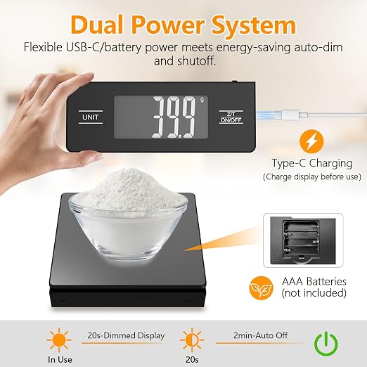 Digital Kitchen Scale with Detachable Display Wireless Food Scale, 11lb/5kg Capacity, 1g Precision, 304 Stainless Steel, Backlit LCD, Tare Function for Baking, Cooking, Meal Prep, Black