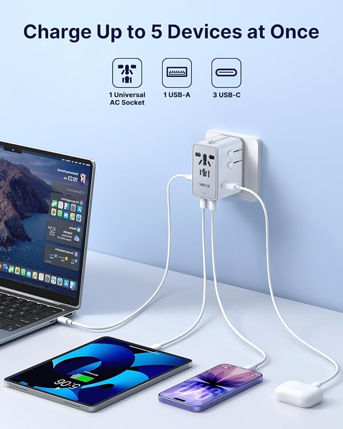 VINTAR 70W GaN Universal Travel Adapter, 5 in 1 with 3 USB-C PD& 1 USB-A QC | International Power Adapter with 70W GaN Fast Charging, All-in-one for EU UK USA AUS, Worldwide Travel Essentials, White