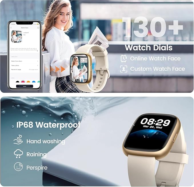 Smart Watch with Alexa Built-in, 1.83" HD Touchscreen Fitness Tracker with Bluetooth Calling, Fitness Watch with Heart Rate/Sleep Monitor/120+ Sports, IP68 Waterproof Smartwatch for Android iOS, Cream