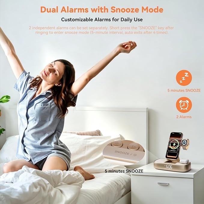 Bluetooth Speaker Alarm Clock with Wireless Charging, 15W Safe Fast Wireless Charger Station Phone Stand, 3 Level Bedside Night Light Protable Speaker, Mom Gifts Dual Digital Alarm Clocks for Bedrooms
