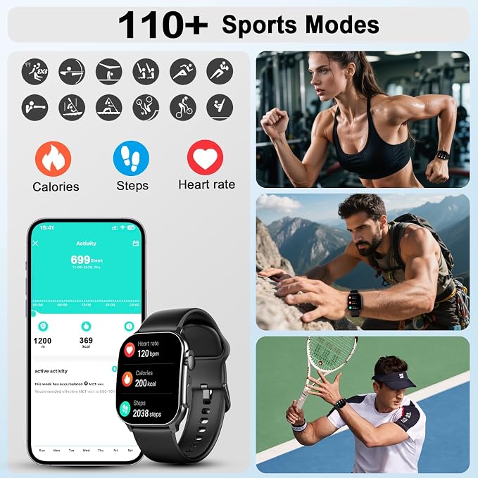Smart Watch for Men, 2.01" AMOLED Curved Display Fitness Tracker with Answer/Make Calls, 100+ Sport Modes, Fitness Watch with 24/7 Heart Rate/Sleep Monitor/Pedometer, IP68 Waterproof, for Android iOS
