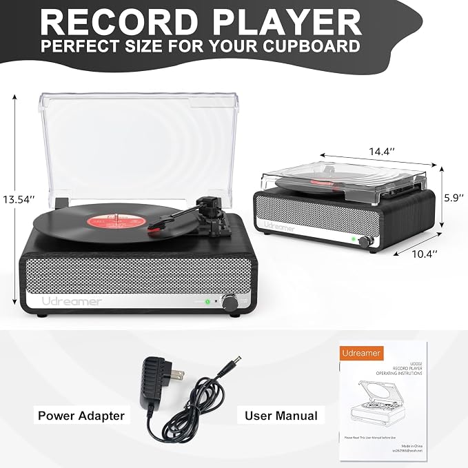 Vinyl Record Player with Built-in Speakers,3 Speed Turntable with Latest Bluetooth 5.3, AUX Input, Headphone Jack, RCA Output and Auto Stop, Mirror Vintage Wooden Black