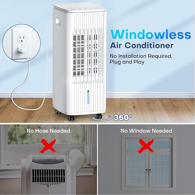 Evaporative Air Cooler, 25 Inch Swamp Cooler Air Conditioner w/Double Tanks, 7H Timer, 16ft Remote, 3 Ice Packs, 70° Oscillation, 3 Speeds & 2 Modes, 60W Portable Windowless Air Conditioner