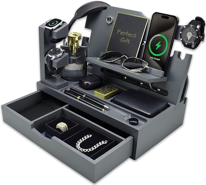 Nightstand Organizer for Men with Large Drawer, Wood Phone Docking Station for Phone, Apple Watch, Wallet & Keys, Ideal Birthday Gift for Father Husband, Bedside Desk Organizer (Grey)