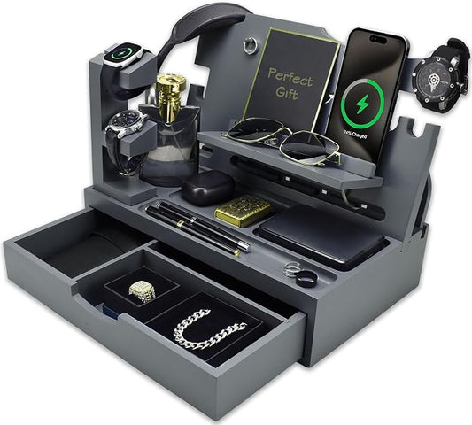 Nightstand Organizer for Men with Large Drawer, Wood Phone Docking Station for Phone, Apple Watch, Wallet & Keys, Ideal Birthday Gift for Father Husband, Bedside Desk Organizer (Grey)