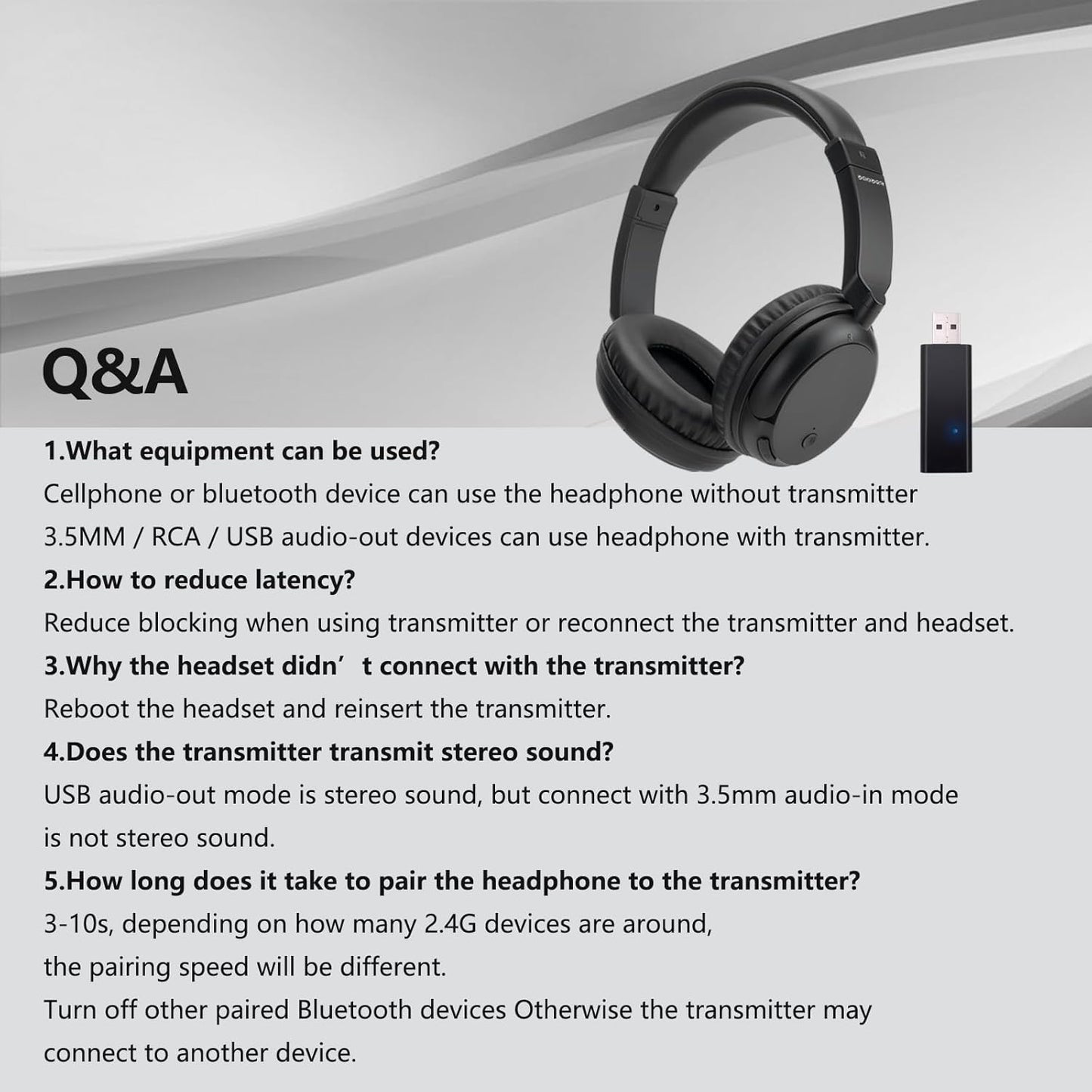 Wireless Bluetooth Headphone Over Ear, Bluetooth Transmitter for TV,PC,3.5mm Audio Device, Wired and Wireless Headset (Black)