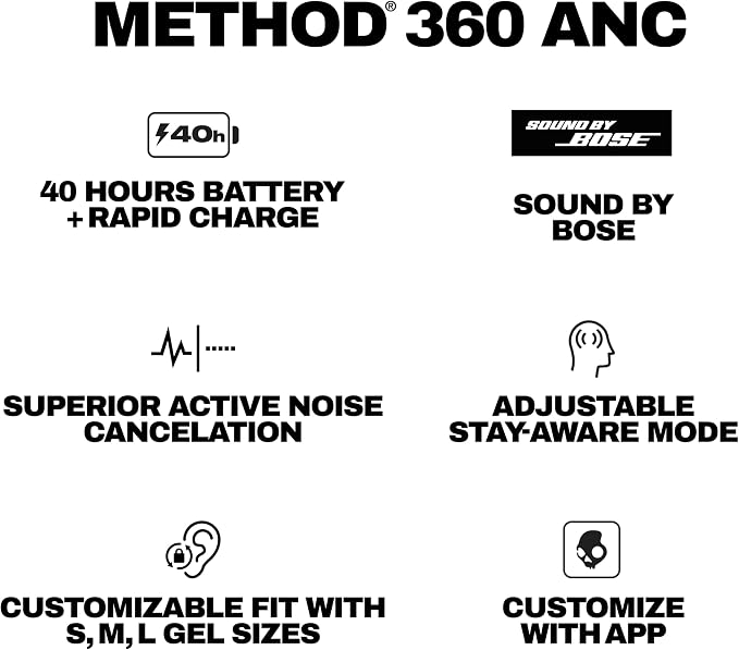 Skullcandy Method 360 ANC Wireless Earbuds, Sound by Bose, Bluetooth Headphones, Premium Noise Cancelling, Up to 40 Hrs Battery, Sweat and Water Resistant, Microphone for iPhone Android - Cement