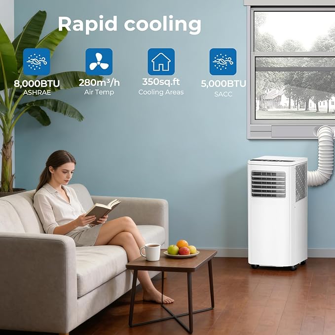 COWSAR 8,000 BTU Portable Air Conditioner | Cools Up to 350 Sq.Ft, 4-in-1 AC with Remote, LED Display & 24H Timer, Complete Installation Kit, White