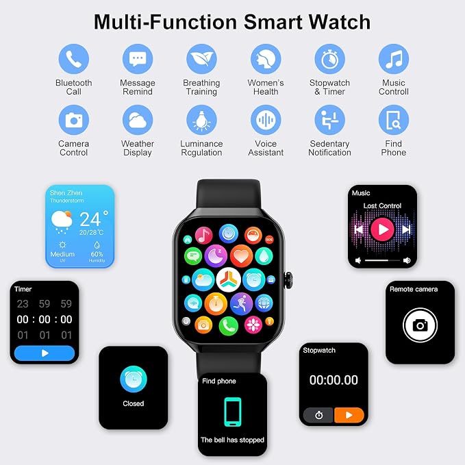 Smart Watch,1.96"HD Smartwatch for Men Women (Answer/Make Call), 2026 Fitness Activity with Heart Rate/Sleep Monitor/Step Counter, IP68 Waterproof, 113+ Sport Modes Running Watch for Android iOS Black