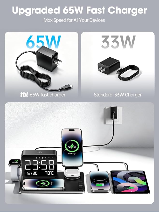 MagCharge 7-in-1 Magnetic Wireless Charging Station with Bluetooth Clock & Dimmable LED Lamp, 25W Fast Charger, 65W Adapter, Bedside Nightstand Charging Hub for iPhone Apple Watch AirPods