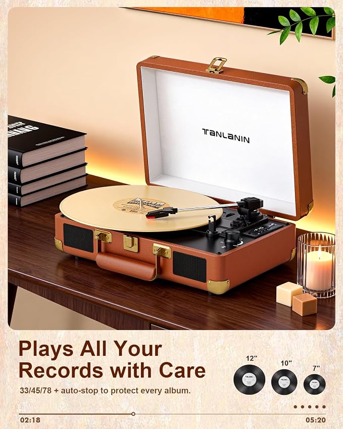 Vinyl Record Player Bluetooth Vintage 3-Speed Portable Suitcase Turntables with Built-in Speakers, Belt-Driven LP Player Support USB Recording AUX-in RCA Line Out Headphone Jack, Brown