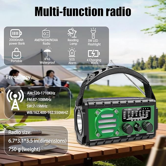 20000mah Hand Crank Emergency Radio,SW/NOAA/AM/FM Weather Radio, Solar Powered Hand Crank Chager with Bige Batery Powered,Portable,Cellphone Charge,SOS,Flashlight for Emergency (XSY-350-Army Green)