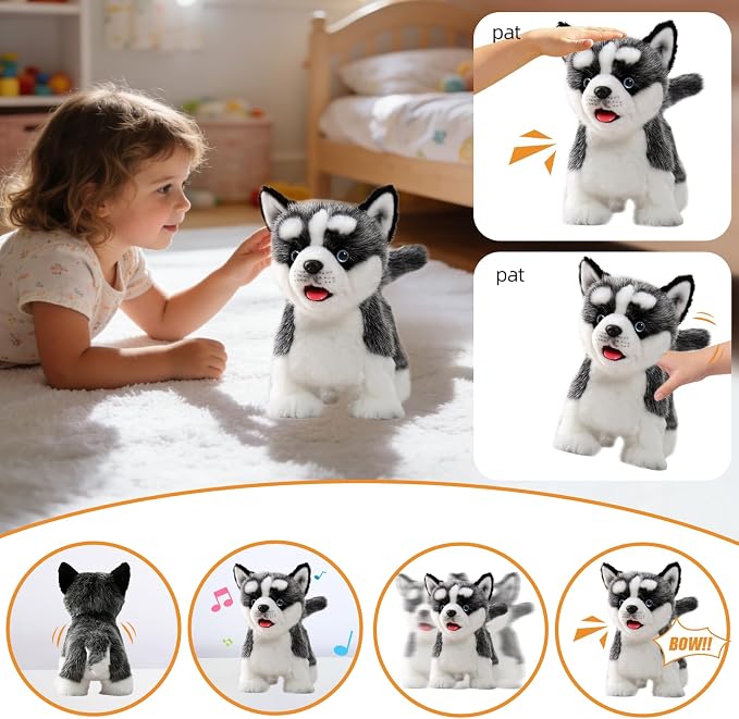CU-MATE 12" Electric Plush Husky Dog Toys, Electronic Stuffed Animal Dog Toy, Interactive Wuffy Robot Puppy, Walking, Talking, Barking & Wagging Tail, Gifts for Boys and Girls