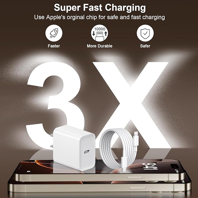 New iPhone 17 16 15 Charger 10FT Long Fast Charging Cord Type C Chagrer with 3 Pack USB C Wall Charger Block Compatible with iPhone 17/17 Plus/17 Pro Max/16/16 Plus/16 Pro Max/15 Pro Max/iPad Pro ﻿