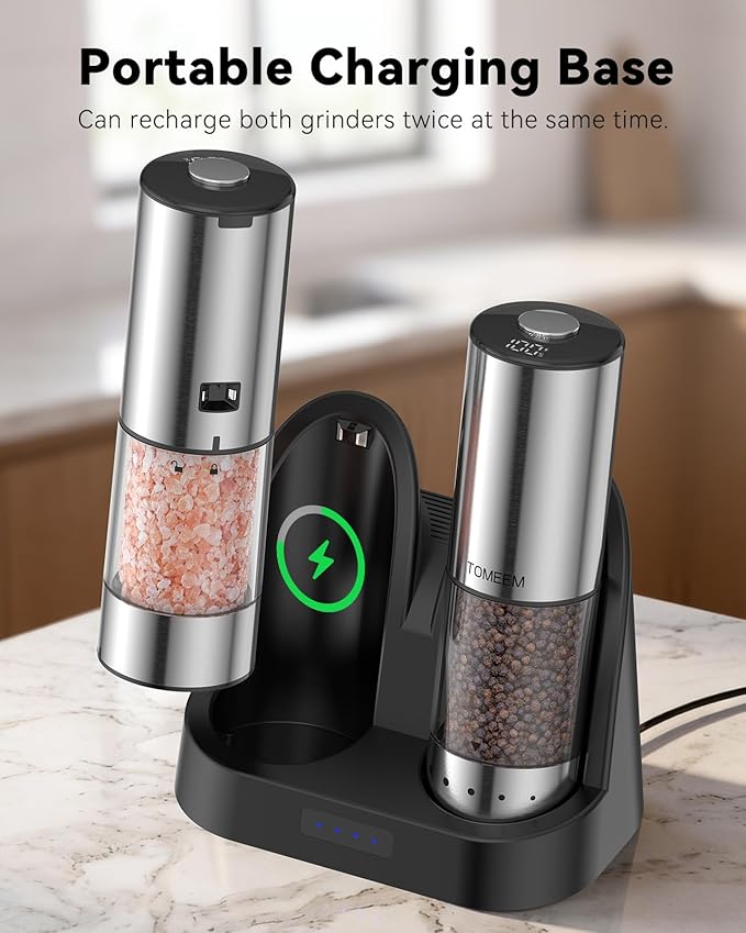 TOMEEM Rechargeable Electric Salt and Pepper Grinder Set, 115ml Large Capacity Stainless Steel Automatic Pepper Mill with Storage Base, LED Display and Light