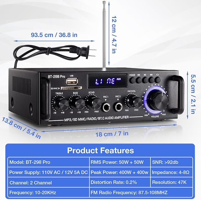 Facmogu BT-298 Pro Home Audio Amplifier, Bluetooth 5.0 Receiver Home Stereo Receiver, Max 400Wx2 RMS 50Wx2 HiFi Sound Audio System Wireless Power Amplifier, MIC in w/Echo, Bass & Treble w/USB/RCA/FM