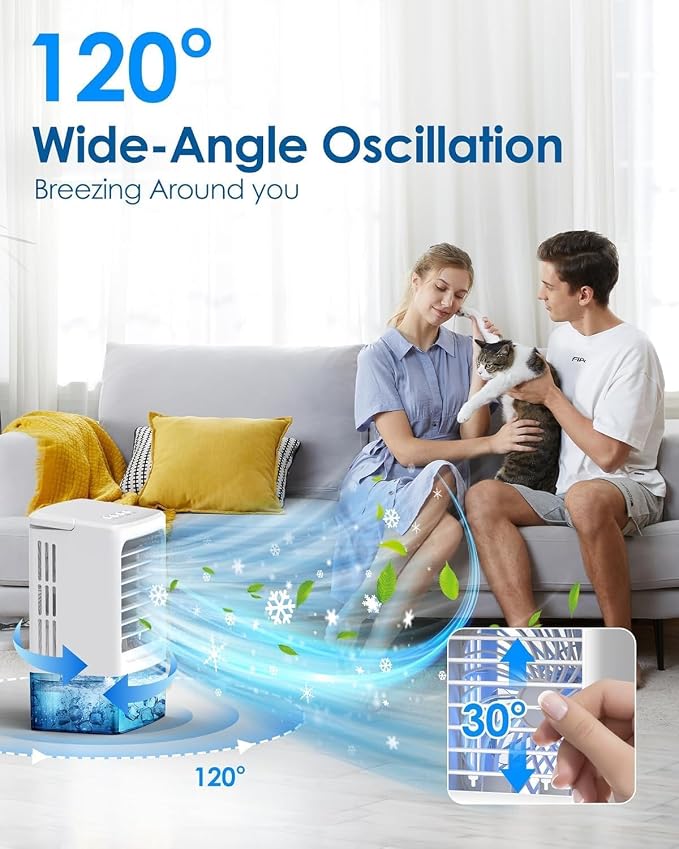 Mini Air Conditioner Small Portable AC Unit Portable Air Conditioners with 1500ml spray/hour 3 Speed Wind & 7 Colorful LED Light Cool Mist &Timer Evaporative Air Cooler for Bedroom/Home/Office