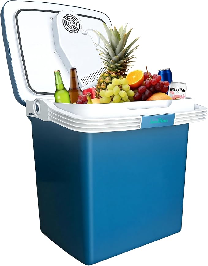 Iceblue Electric Cooler, 26 Liters/28 Cans Mini Fridge with Automatic Locking Handle, 120V AC Home Power Cord & 12V Car Adapter Car Refrigerator, Car Fridge for Home, Car, Gift (Blue)