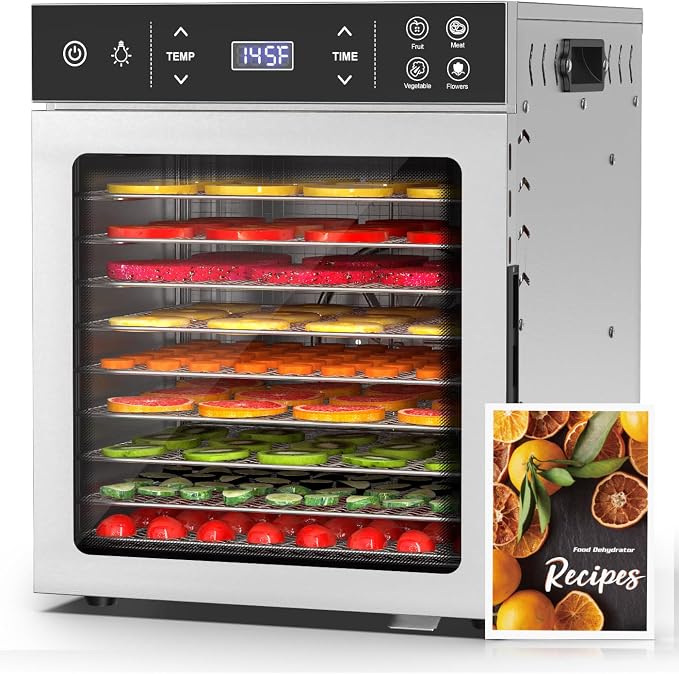 HOPERAN Food Dehydrator Stainless Steel - 400W Electric Dehydrator Machine with 4 Presets, Adjustable Timer, Temperature Control, Digital Food Dryer for Herb, Dog Treats,Meats & Veggies (10 Trays)