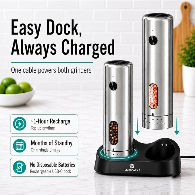 Rechargeable Electric Salt and Pepper Grinder Set of 2 with Charging Base, Automatic One-Hand Pepper Mill, Top-Fill 3.7 oz, 6 Coarseness Levels, Stainless Steel, USB-C with LED