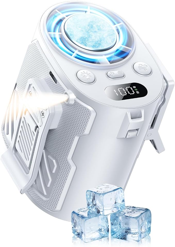 Portable Waist Fan with Ice Cooling, 4-in-1 Clip-On Fan for Car/Shirt/Belt, 16000RPM Strong Airflow, 12H Runtime, 100 Speed Settings, Wearable Fan for Outdoor Work Camping Travel White