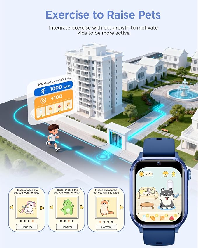 Smart Watch for Kids No App or Phone Needed, Kid Fitness Watches Pedometer, Heart Rate, IP68 Waterproof, Sleep Monitor, Puzzle Games for Boys&Girls Ages 4-12, Blue