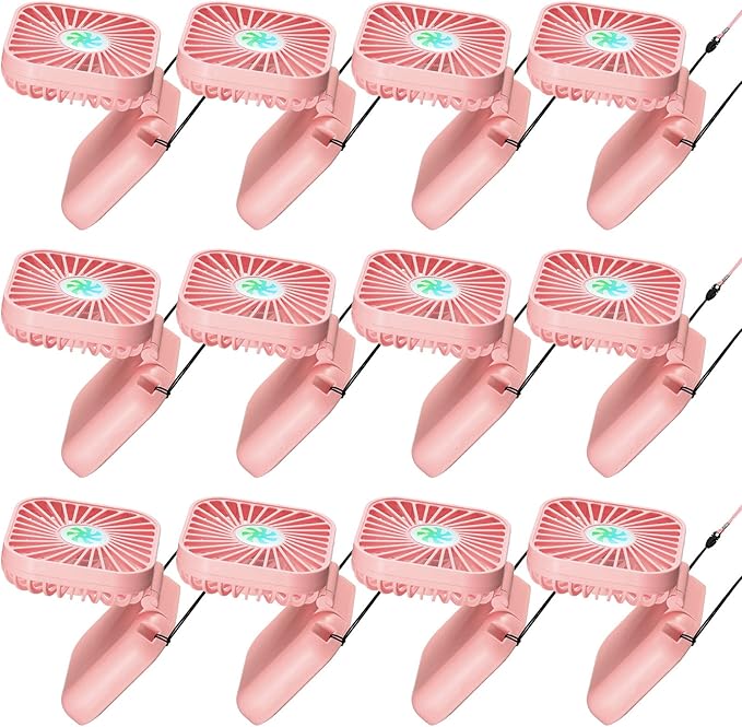 Hortsun 12 Pcs Mini Handheld Fan Bulk Portable Personal Neck Fan Small Foldable Hands Free with USB Rechargeable Gifts for Travel Summer Concerts Vacation Outdoor 3 Speed(Pink)