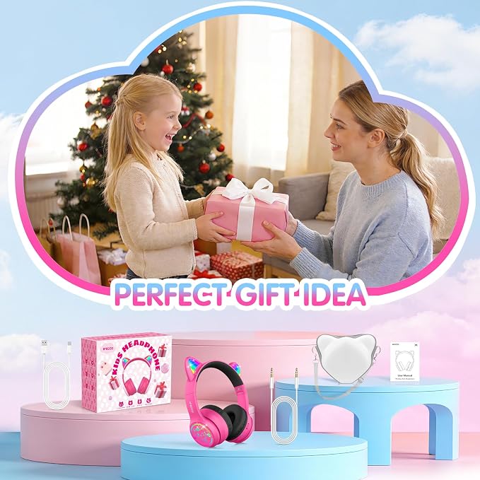 IFECCO Kids Wireless Headphones with Case - Cute LED Light Up Cat Ear,50H Playtime,Safe Volume Limited,Bluetooth 6.0 Kids Girls Headphones for School iPad Tablet Gifts